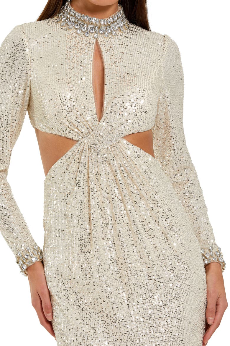 Long Sleeve Sequin Cut Out Gown, Alternate, color, Nude Silver
