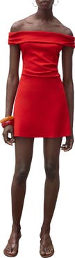 MANGO Pleated Off the Shoulder Dress