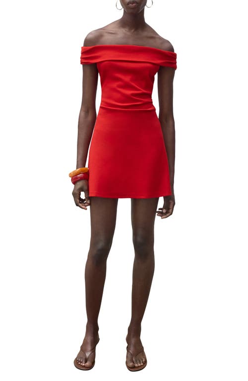 Mango Cotton Off The Shoulder Ruched Side Mini Dress In Red