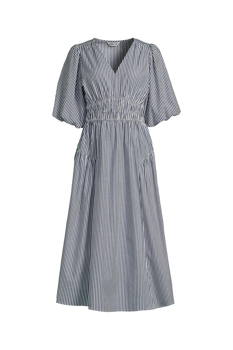 Puff Sleeve Smocked Waist V Neck Dress, Alternate, color, Blue/White Stripe