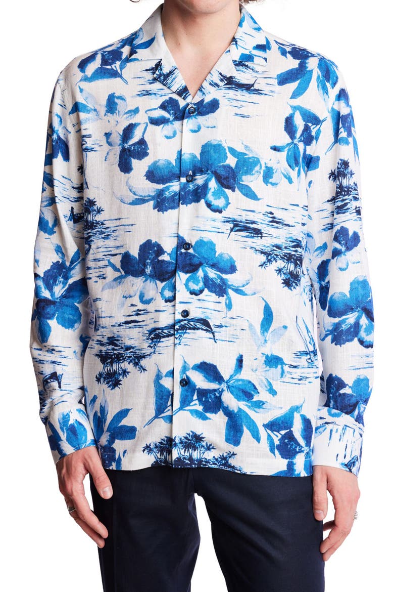 Notched Collar Button-Up Shirt, Main, color, WHITE BLUE VACATION