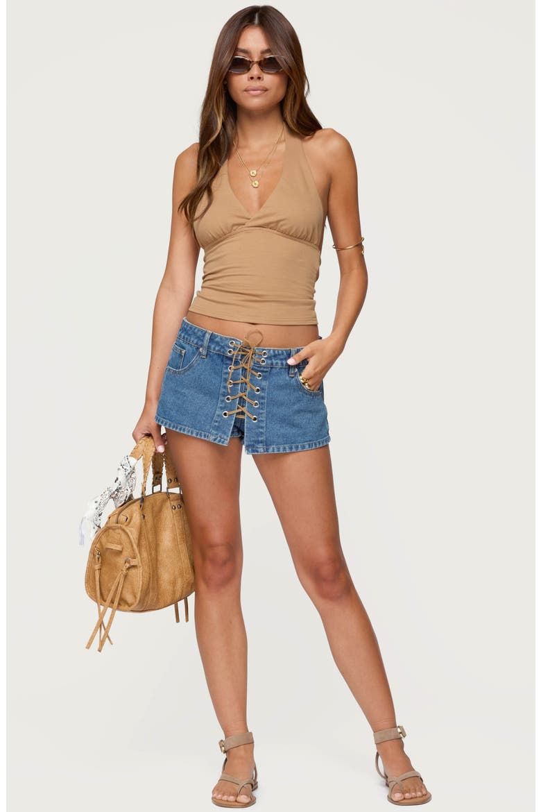 Olivera Lace Up Denim Mini Skort, Alternate, color, BLUE-WASHED