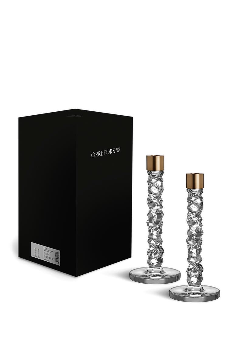 Carat Set of 2 Medium Crystal & Brass Candlesticks, Alternate, color, BRASS