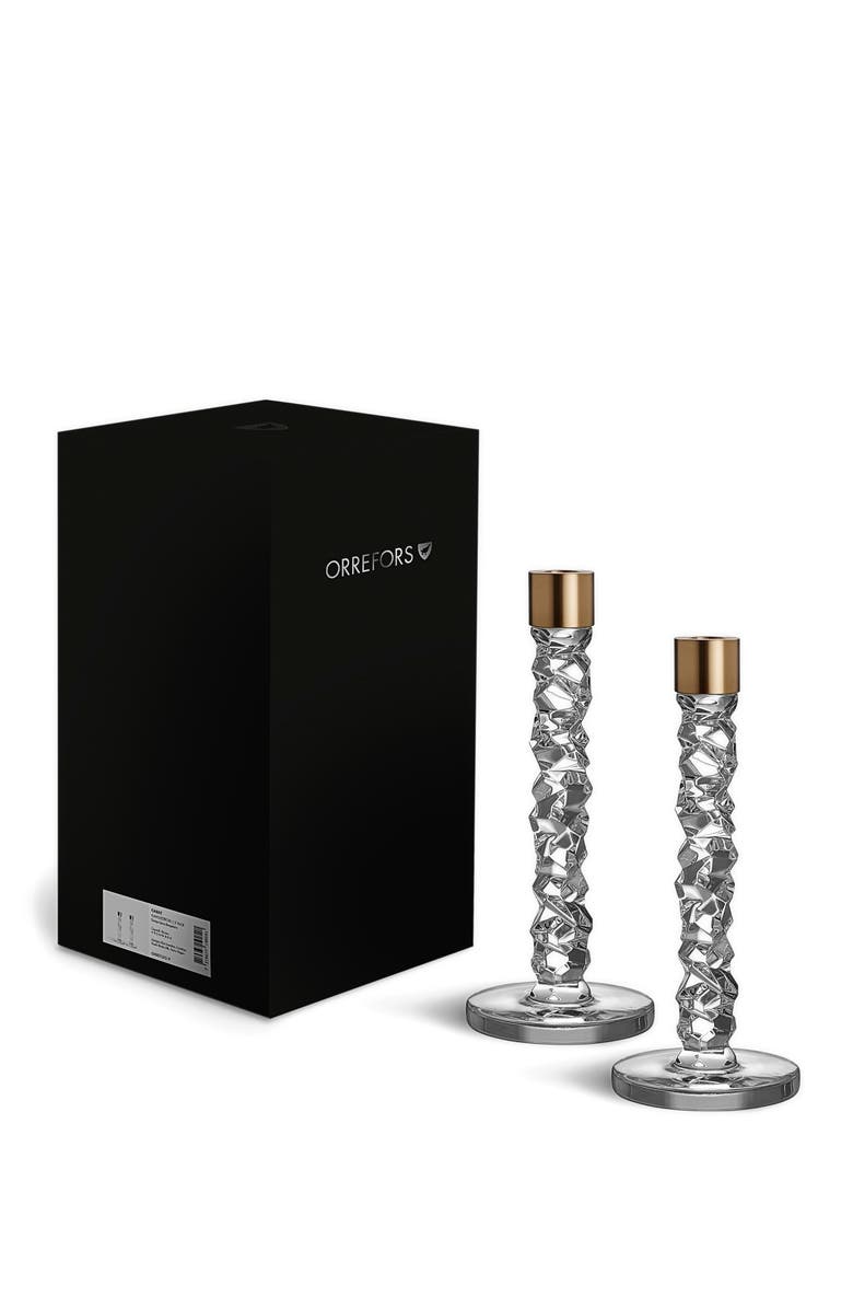 Orrefors Carat Set of 2 Medium Crystal & Brass Candlesticks, Alternate, color, Brass