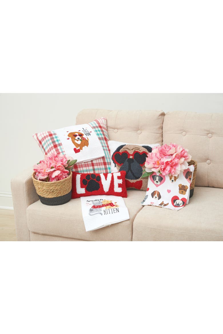 "Pugs & Kisses" Dog Puppy Mini Hooked Valentine's Day Accent Pillow 12" x 12", Alternate, color, White