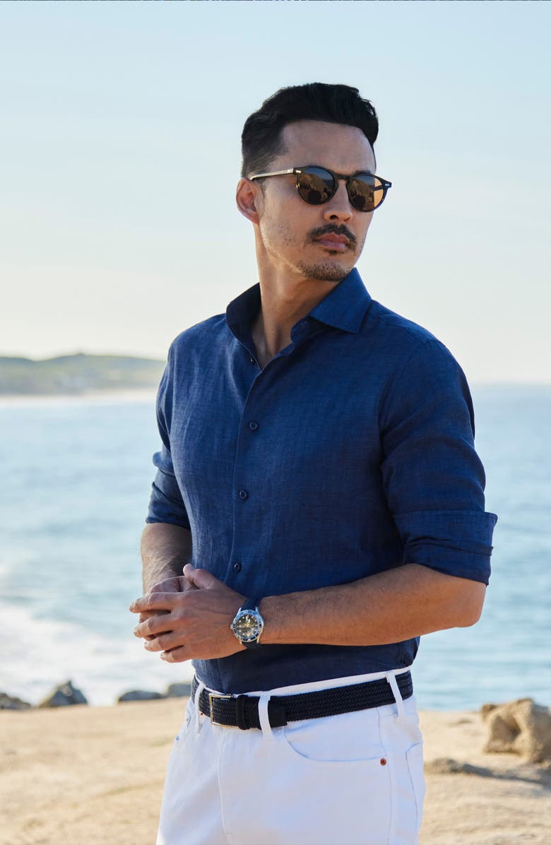 David Donahue Trim Fit Linen Herringbone Dress Shirt, Alternate, color, Navy