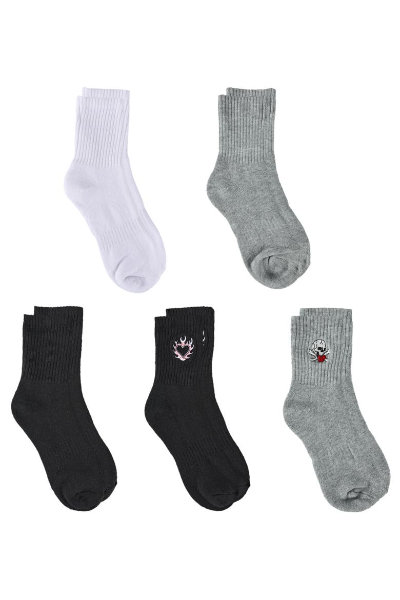 Heart Skull Embroidery Half Cushion Mid Crew Sock 5-Pack, Alternate, color, Black White Grey