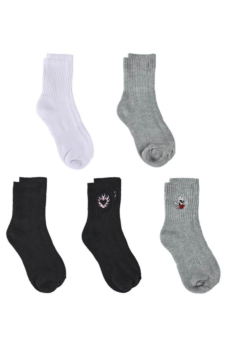 Ed Hardy Womens Heart Skull Embroidery Half Cushion Mid Crew Sock 5-Pack, Alternate, color, Black White Grey