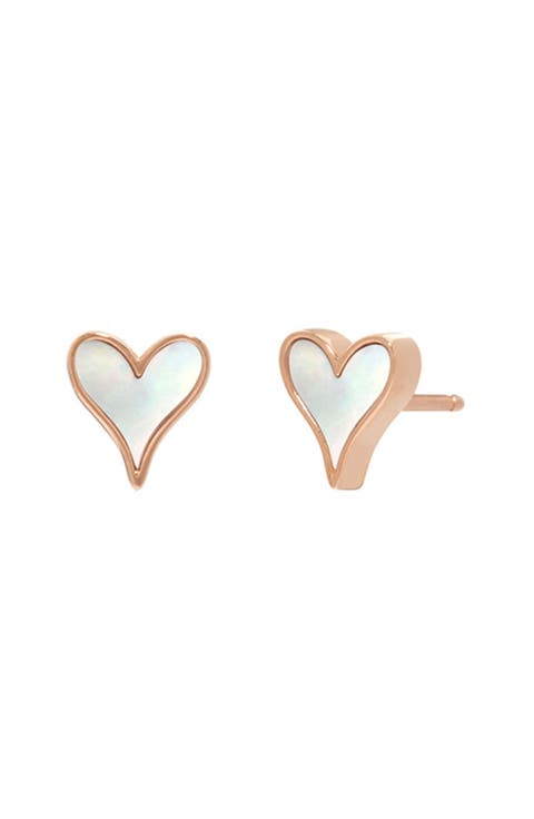 18k Rose Gold Mother of Pearl Heart Stud Earrings