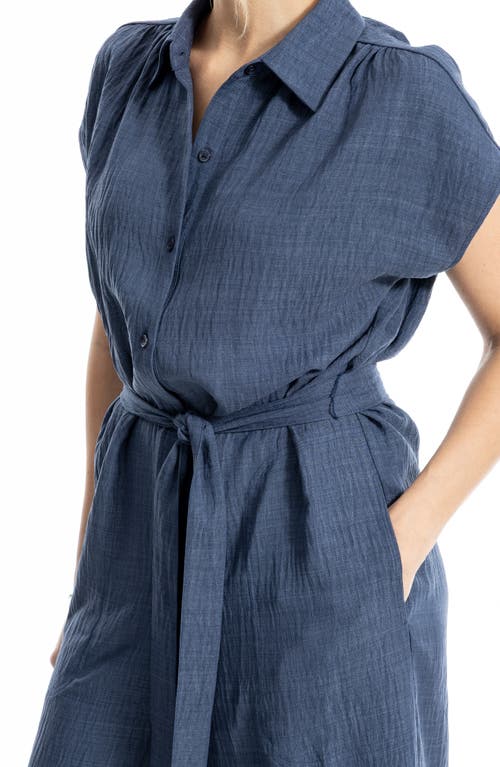 Max Studio Collared Short Sleeve Tie Waist Jumpsuit In Blue
