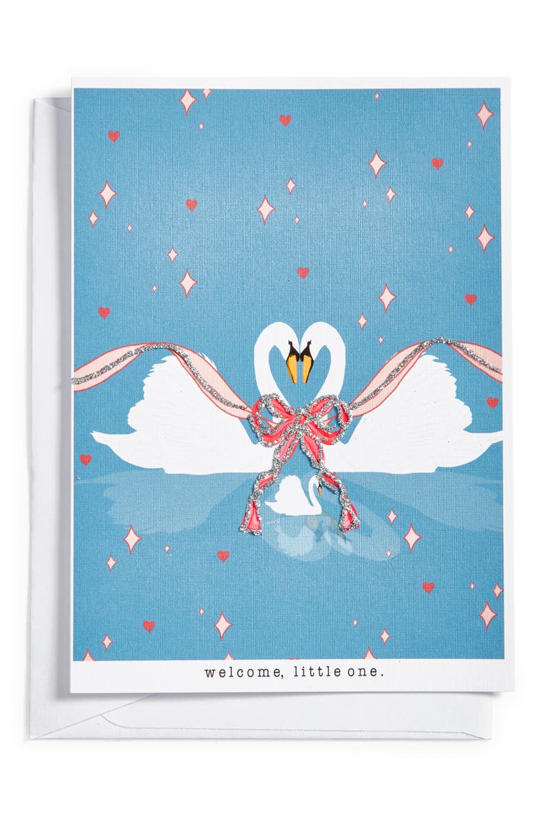 Welcome Little One Swans Greeting Card, Main, color, BLUE MULTI