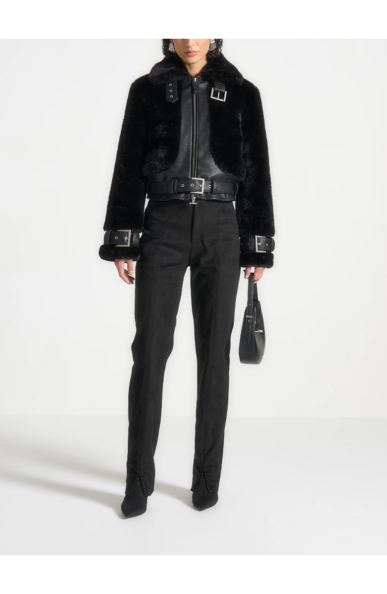 Manière De Voir Deya Plush & Leather Leather Belted Jacket, Alternate, color, Black