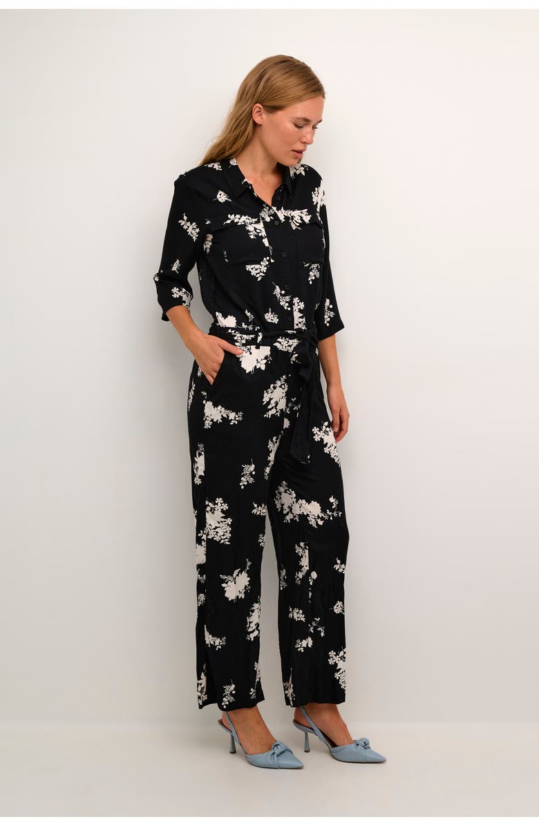 Kaffe Rutie 3/4 Sleeve Jumpsuit, Alternate, color, Black/White Flower Print