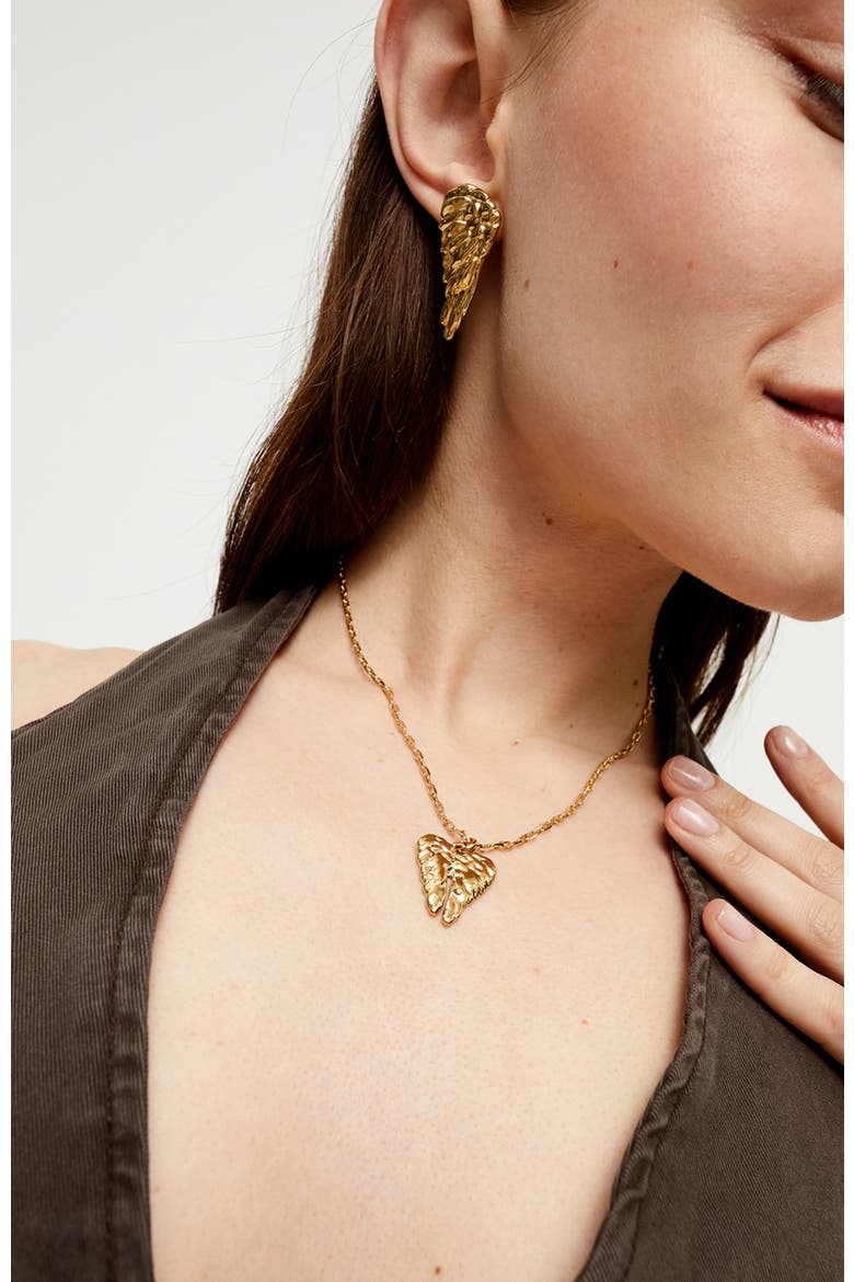 Short 18K Gold-Plated Necklace with Wing Detail, Alternate, color, Gold