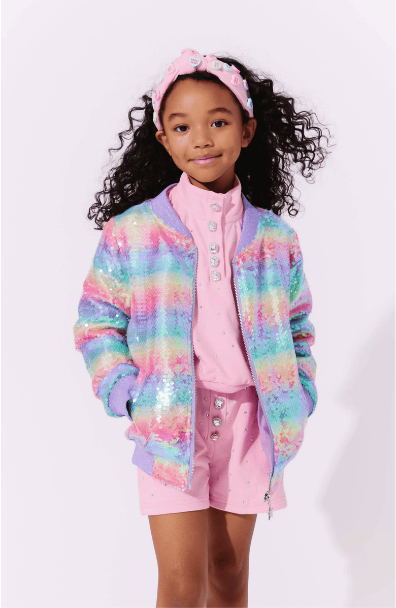 Lola + The Boys Rainbow Sequin Stripe Bomber, Alternate, color, Purple