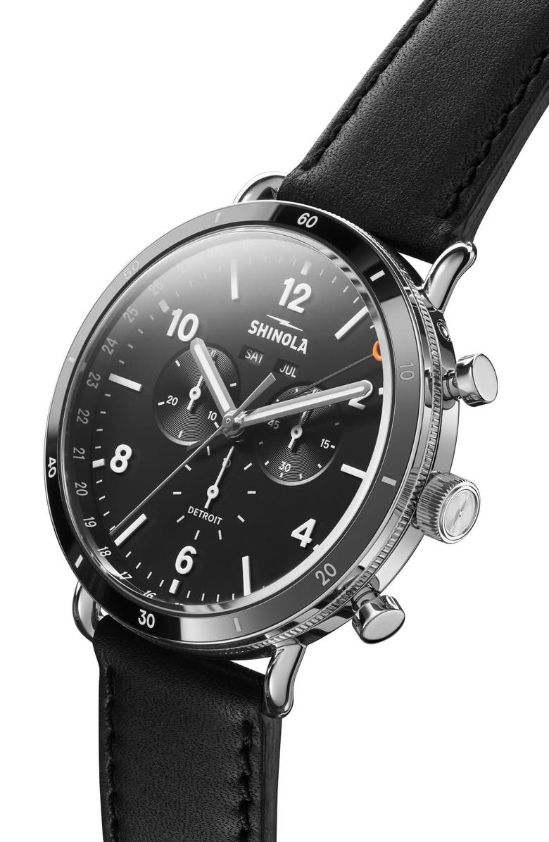Shinola Canfield Sport Chronograph Leather Strap Watch, 45mm, Alternate, color, Black/ Silver
