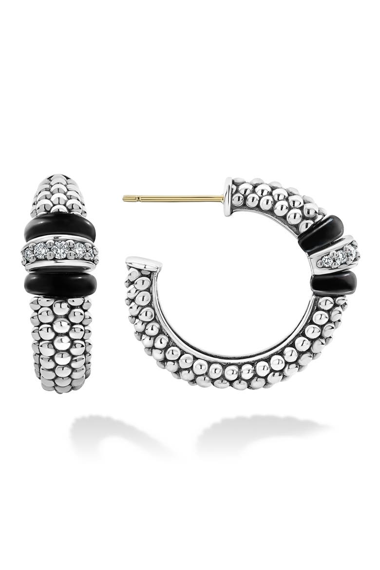 Black Caviar Diamond Hoop Earrings, Alternate, color, BLACK