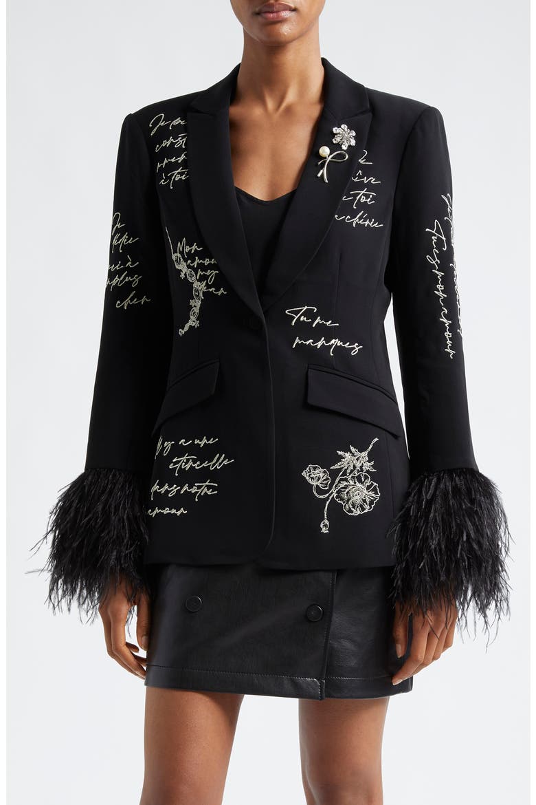 Cheyenne Love Letter Embroidered Feather Cuff Blazer, Main, color, BLACK/ IVORY