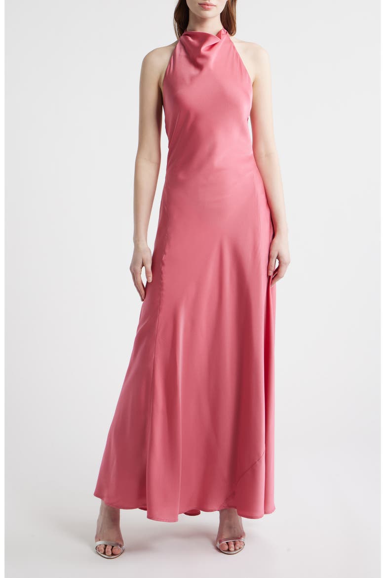 Sibella Cowl Halter Neck Satin Gown, Main, color, PUNCH