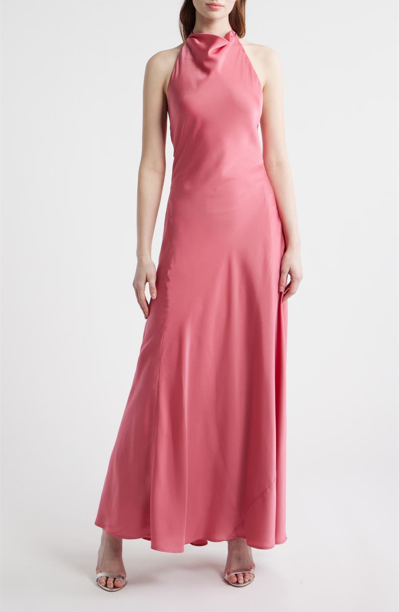 WAYF Sibella Cowl Halter Neck Satin Gown, Main, color, Punch