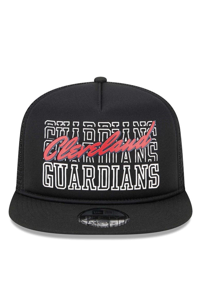 New Era Men's New Era Black Cleveland Guardians Street Team A-Frame Trucker 9FIFTY Snapback Hat, Alternate, color,
