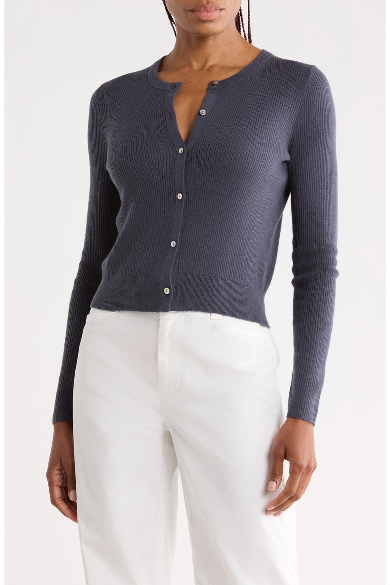 Wool Blend Ribbed Cardigan, Main, color, DARK WATER