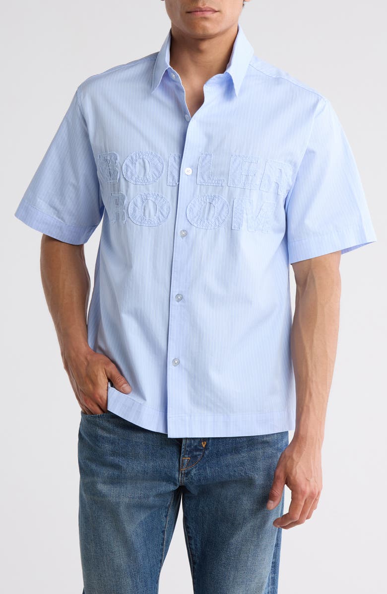 BOILER ROOM Logo Appliqué Short Sleeve Button-Up Shirt, Main, color, Tbc