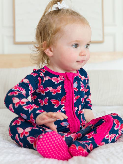 Rufflebutts Baby Girls Softsnooze Ruffle One Piece Footie Pajama In Blue