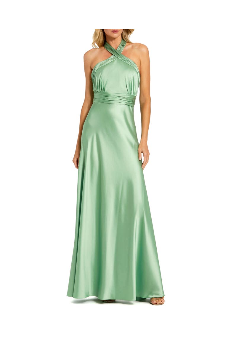 Ruched Halter Neck Tie Back Satin Gown, Main, color, Sage