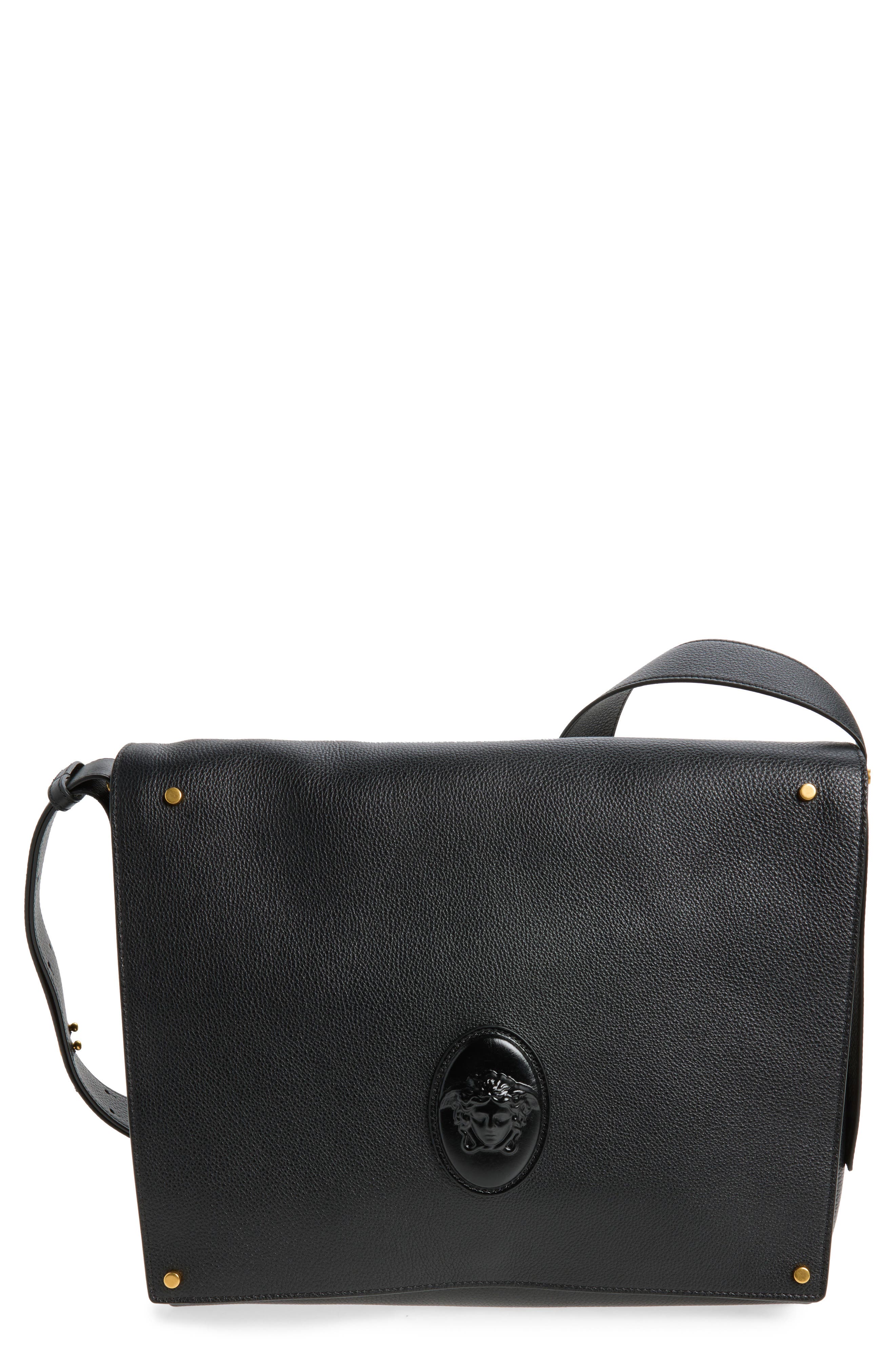 Leather Messenger Bag, Main, color, BLACK GOLD 82