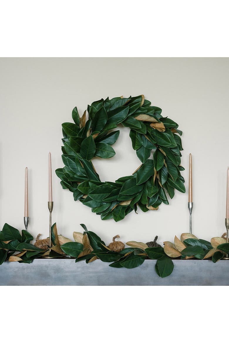 30" Faux Green Magnolia Leaf Wreath, Alternate, color, Green