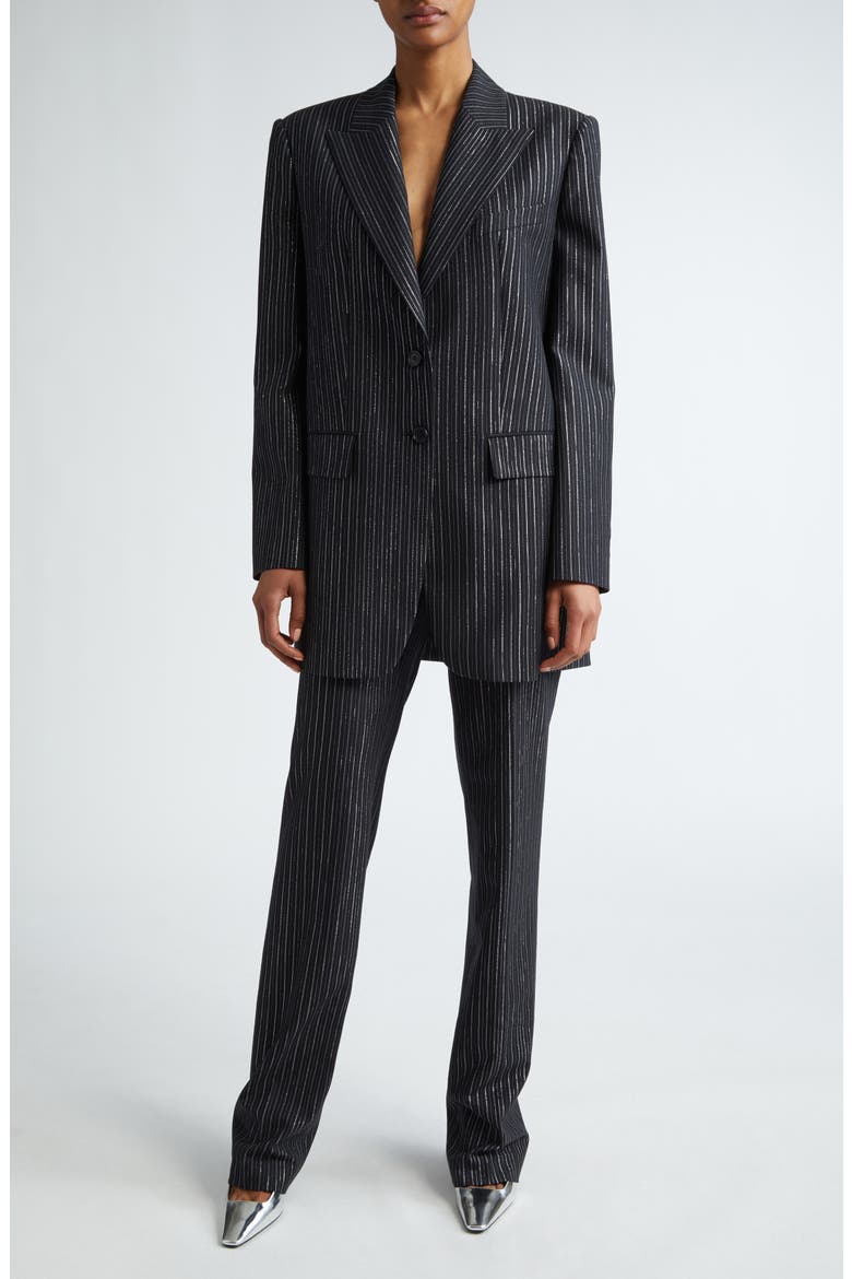 Carolyn Metallic Pinstripe Straight Leg Pants, Alternate, color, BLACK/ SILVER