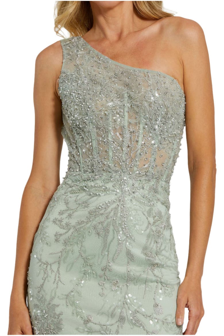 Embellished One-Shoulder Corset Bodice Column Gown, Alternate, color, Sage