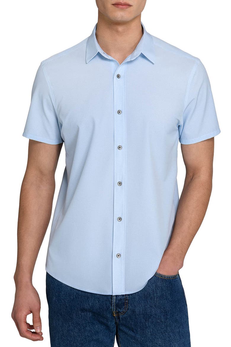 Abstract Geo Performance Short Sleeve Button-Down Shirt, Main, color, LIGHT BLUE
