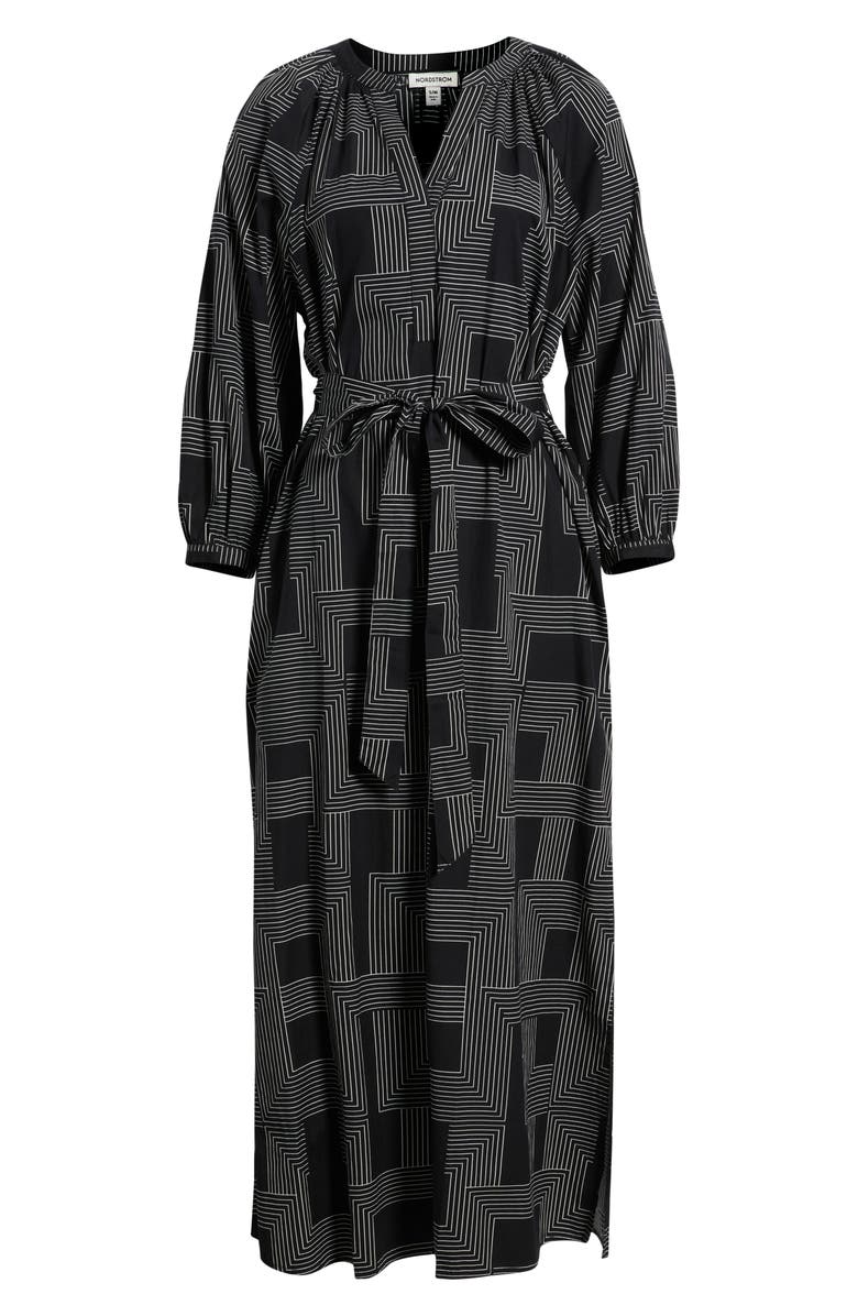 Nordstrom Long Sleeve Belted Cotton Poplin Maxi Dress, Alternate, color, Black- Ivory Stripe Mix
