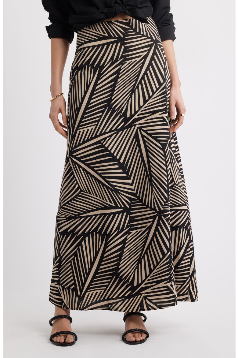 A-Line Maxi Skirt, Main, color, BLACK- BEIGE PALM PRINT