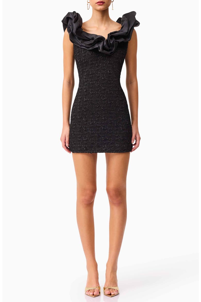 Paloma Satin Ruffle & Floral Jacquard Cocktail Minidress, Main, color, BLACK
