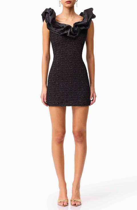 Paloma Satin Ruffle & Floral Jacquard Cocktail Minidress