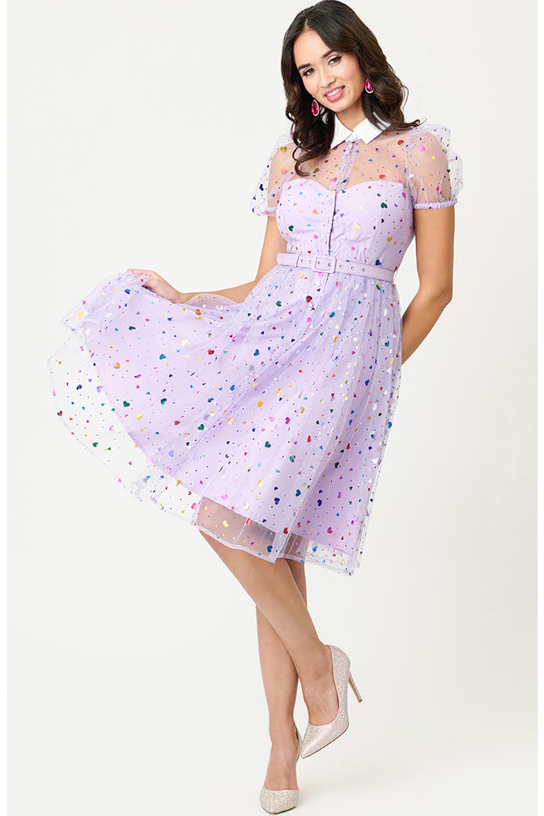 1950s Short Sleeve Collared Hollie Swing Dress, Alternate, color, Purple Heart Confetti