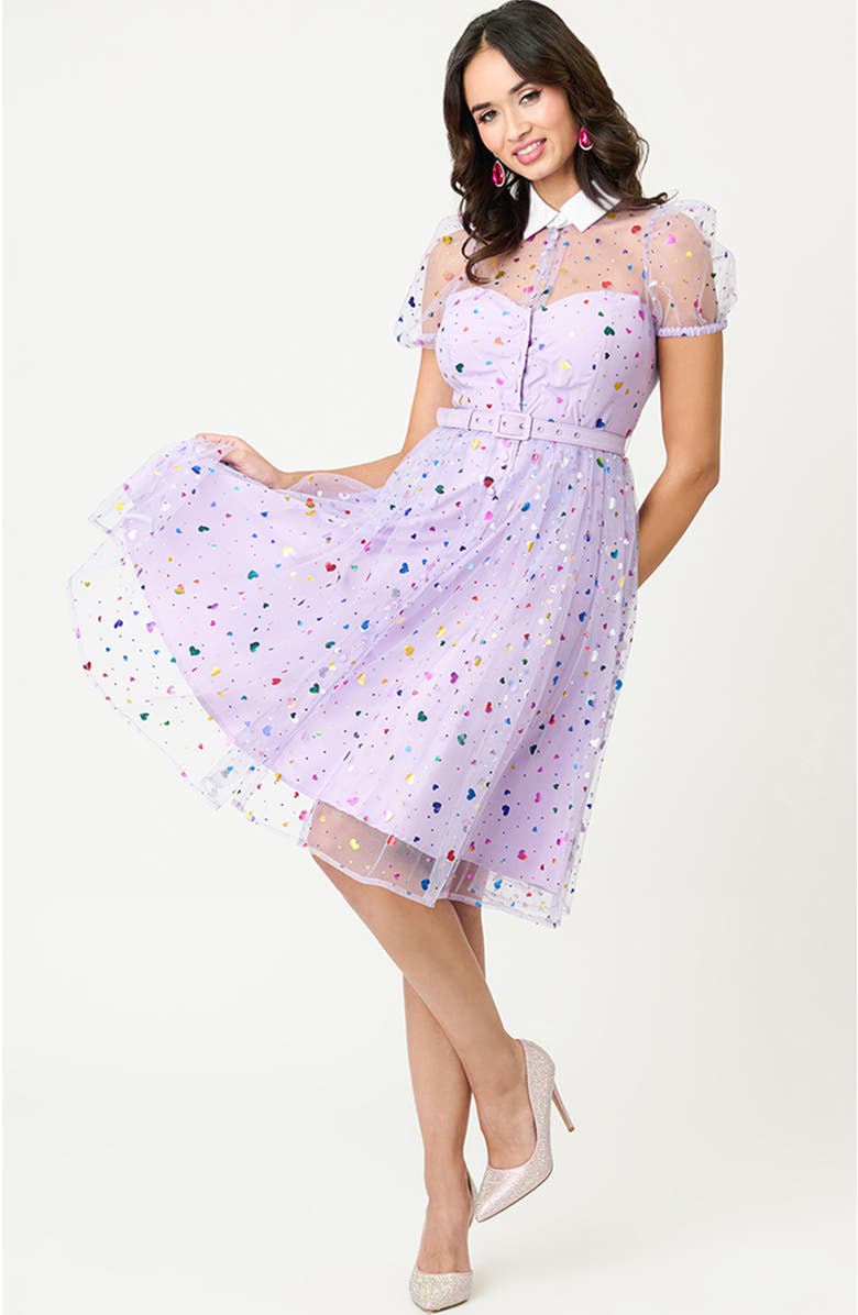 Unique Vintage 1950s Short Sleeve Collared Hollie Swing Dress, Alternate, color, Purple Heart Confetti