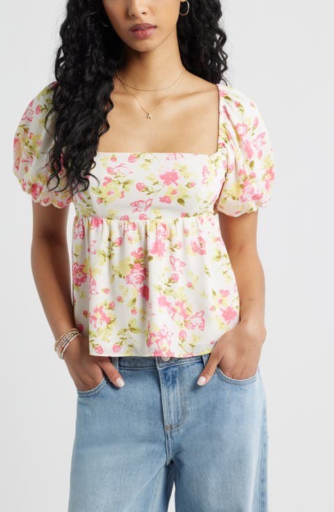 Print Bubble Sleeve Babydoll Top