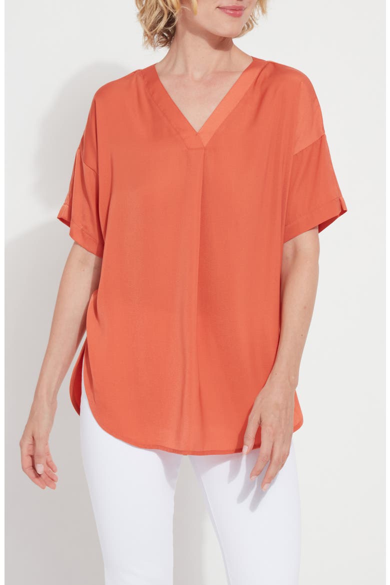 Lyssé Stevie V-Neck Satin Top, Main, color, VIBRANT APRICOT