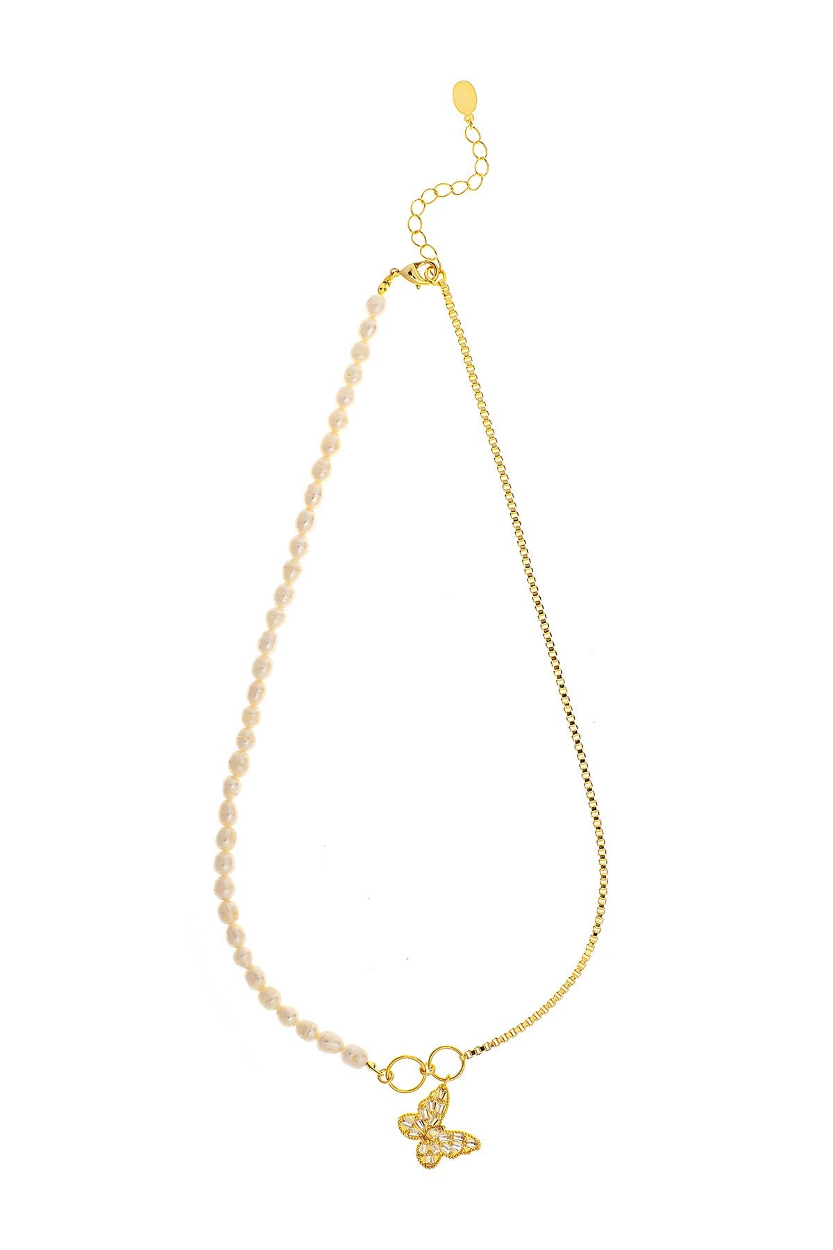 RIVKA FRIEDMAN Freshwater Pearl Chain & Cubic Zirconia Butterfly Charm Necklace