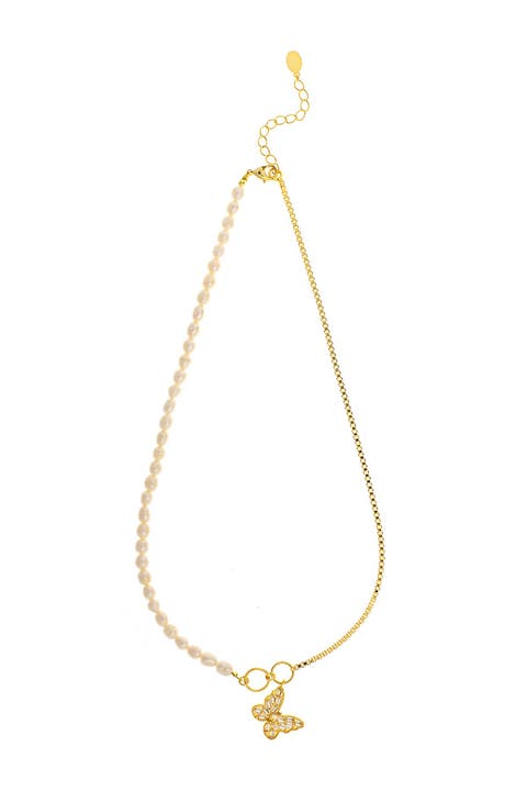 Freshwater Pearl Chain & Cubic Zirconia Butterfly Charm Necklace