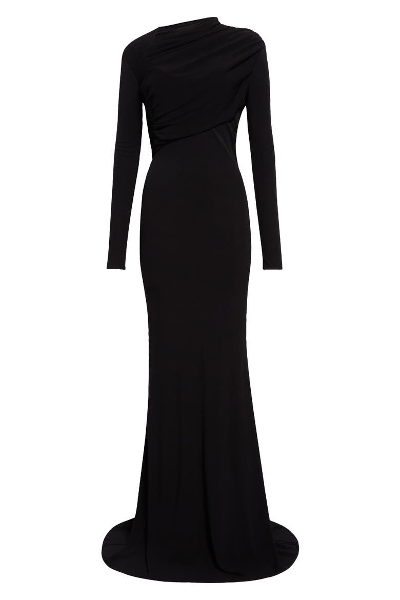 Joy Long Sleeve Pleated Jersey Mermaid Dress, Alternate, color, BLACK