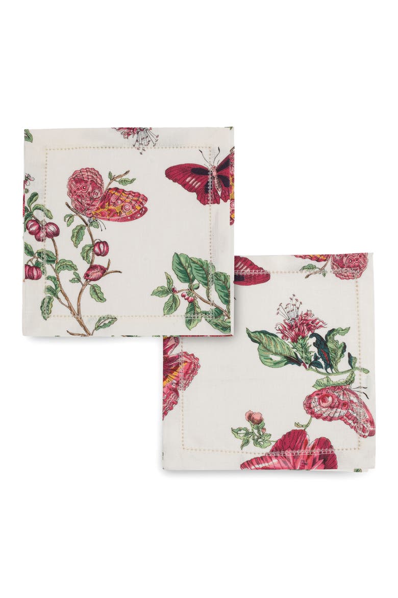 Baudin Butterfly Set of 4 Linen Cocktail Napkins, Main, color, RUBY