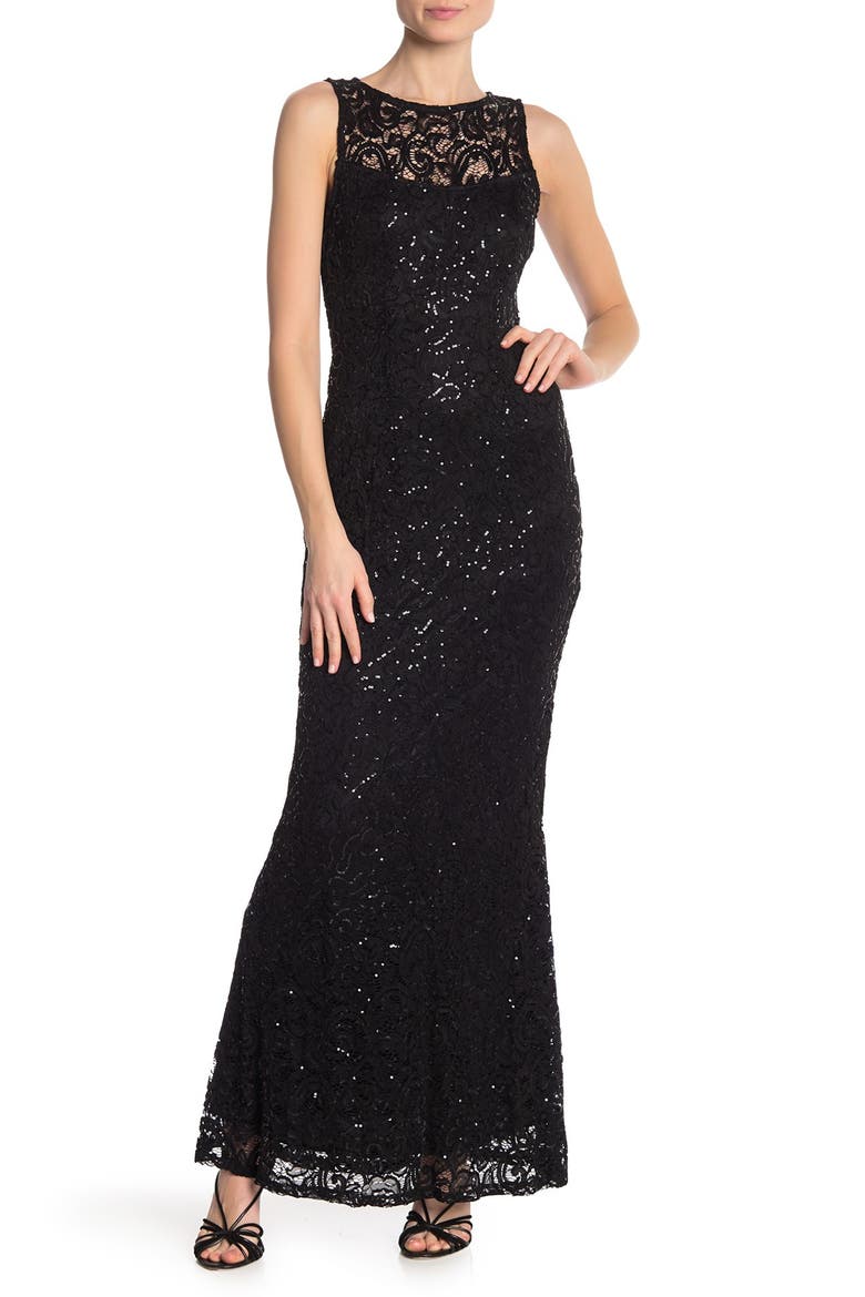 Sequin Illusion Lace Trumpet Gown, Main, color, BLACK