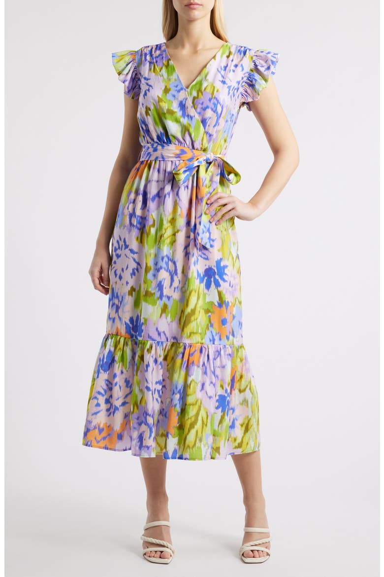 Print Wrap Front Flutter Sleeve Midi Dress, Main, color, LAVENDER MULTI