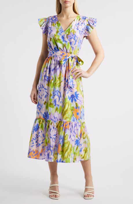 Sam Edelman Print Wrap Front Flutter Sleeve Midi Dress