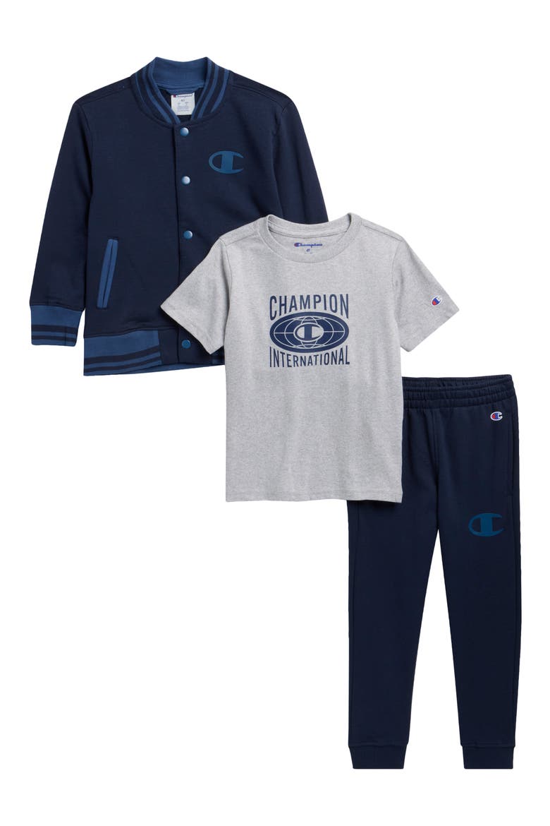 Kids' Varsity Jacket, Graphic T-Shirt & Joggers Set, Main, color, NAVY BLAZER